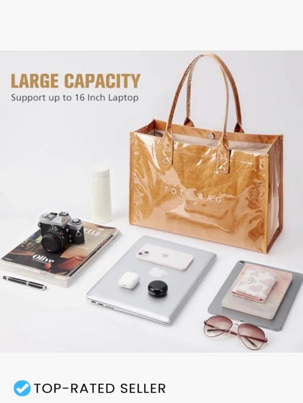 PVC Tote Bag Brown Kraft Paper Work Handbag Purses Top Handle Shoulder Large